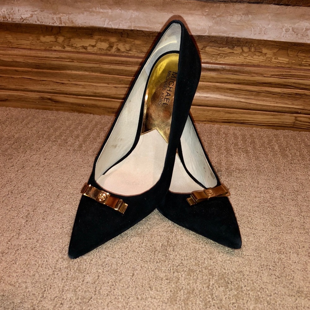 Michael Kors Black Suede Vivienne Gold Bow Pumps